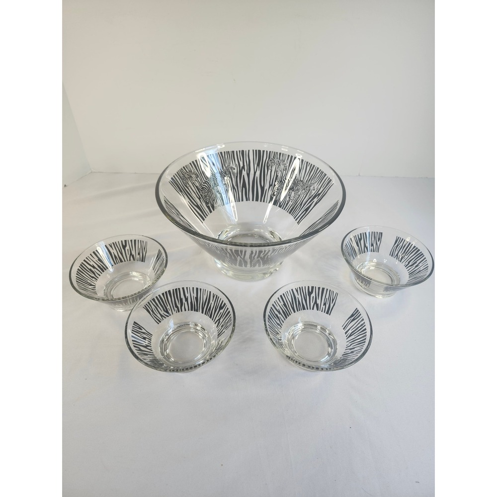 Ravenscroft Anchor Hocking Kenya 5pc Salad Set Zebra Kristin Glass Bowls Vintage